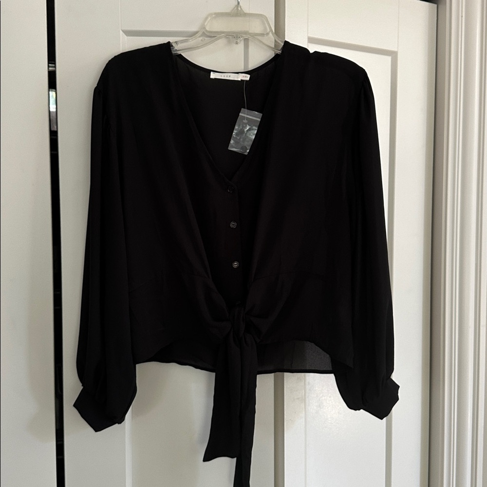 Black Button-Up Blouse with Tie Front